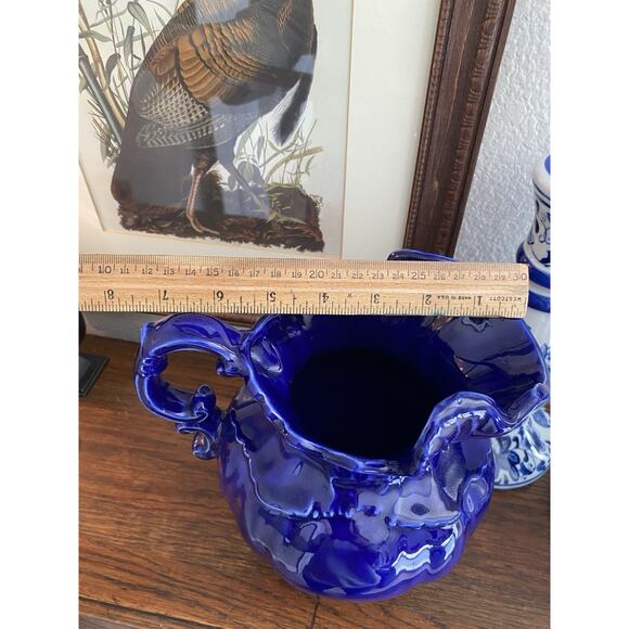 Vintage 1970s Hand Painted Victorian Style Cobalt Blue Ironstone Pitcher - Picture 5 of 6